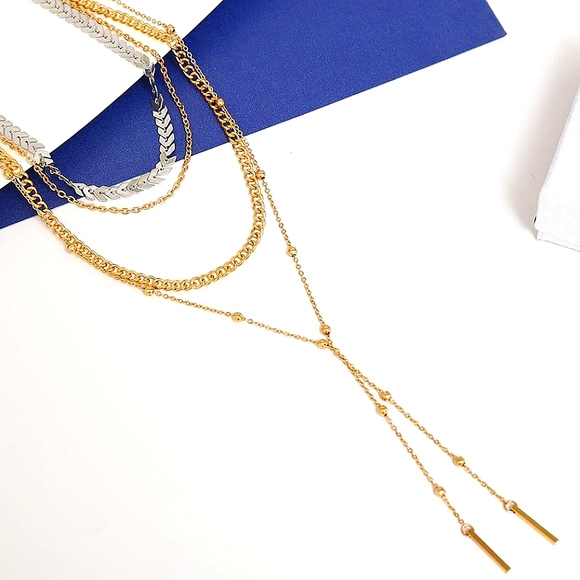 Two Tone Multilayered Choker Necklaces Set - Picture 5 of 6